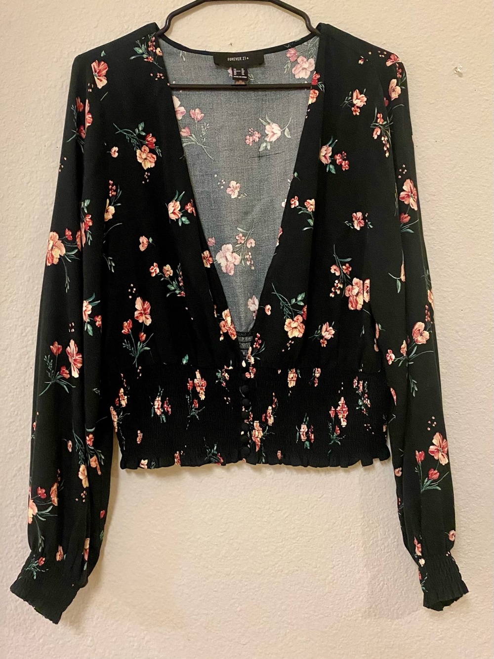 Forever 21 Black Floral V-Neck Smocked Hem Blouse - Quick List For Live